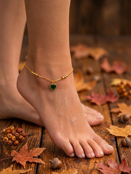 Jewelry - Gold Plates Beaded Anklet Bracelet with Emerald Green Heart Charm